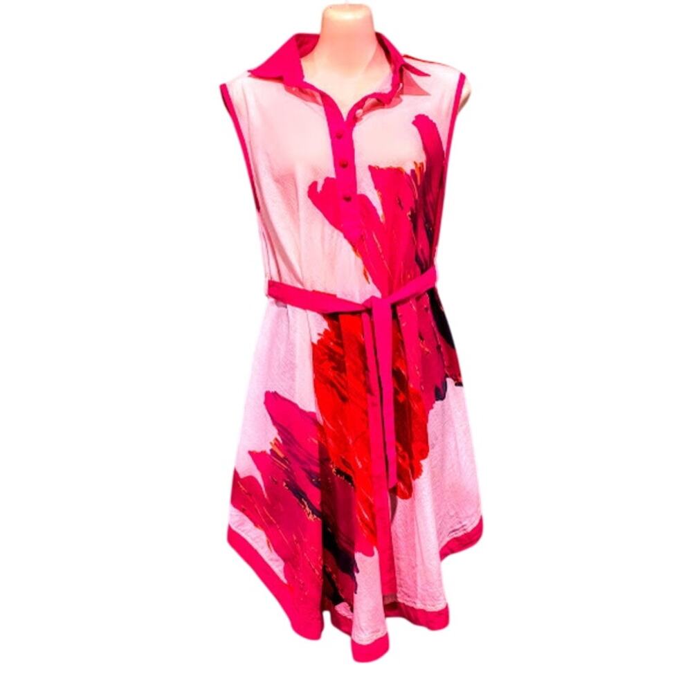 Candu Sleeveless Dress with Bold Print, Dark Pink & Orange on White,‎ Sz M